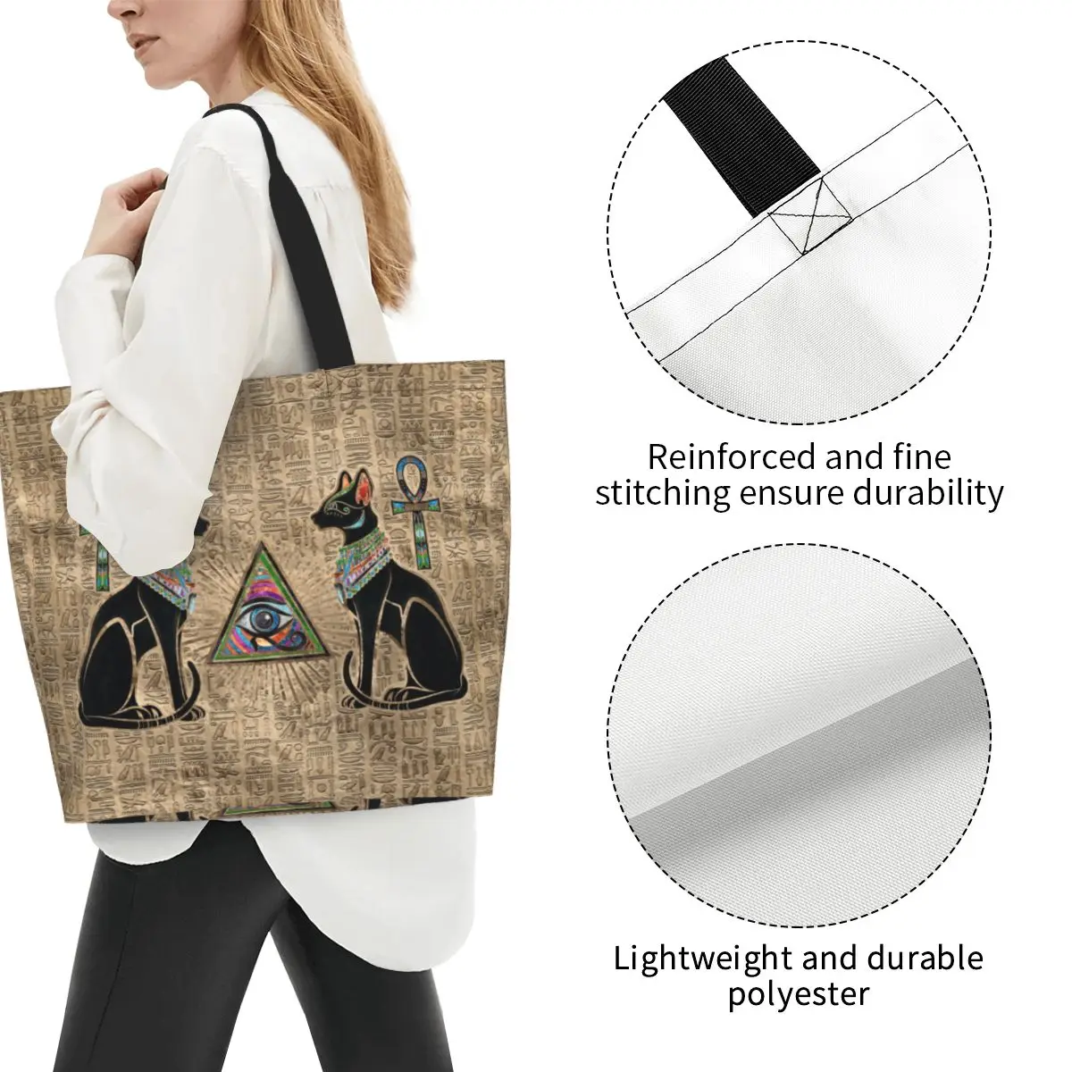 Funny Egyptian Cats And Eye Of Horus Shopping Tote Bag Recycling Ancient Egypt Canvas Groceries Shopper Shoulder Bag