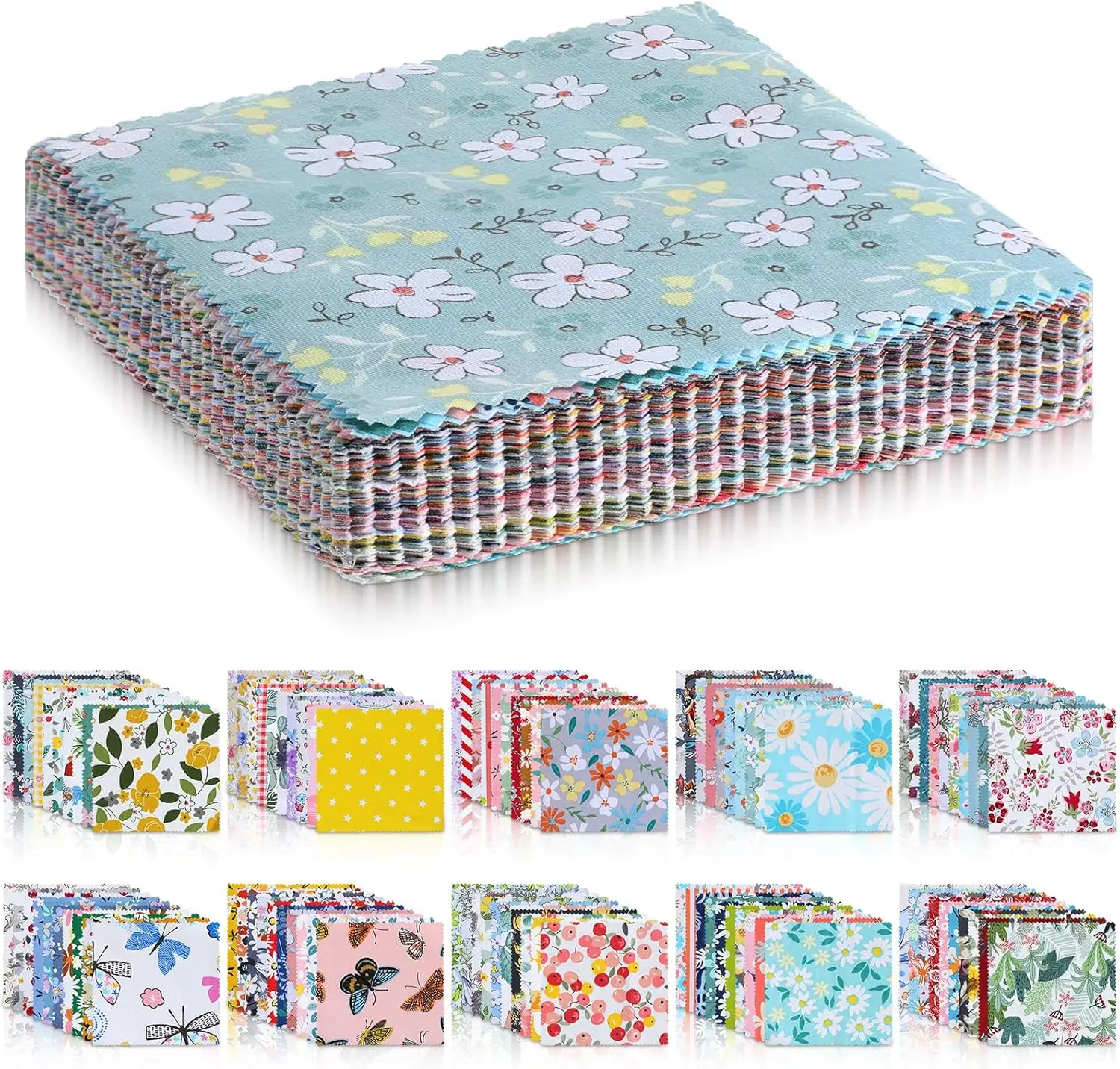 100 Stück, 10 x 10 cm, gesteppte Stoffquadrat-Sets, verschiedene Farben, zufällig gemischte Blumenmuster, Frühlingsblumen-Design, ideal zum Selbernähen.