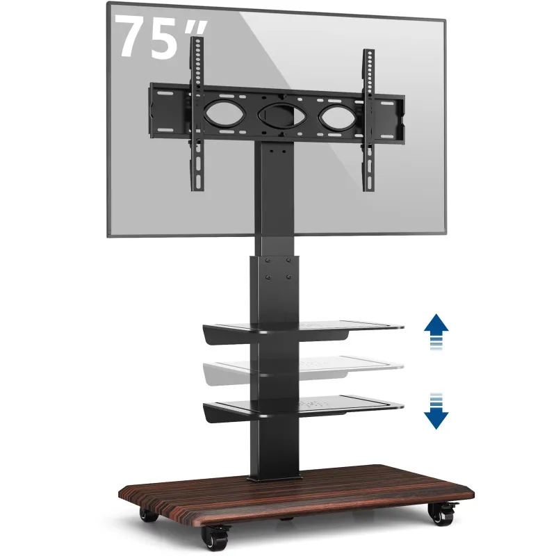 Modern Rolling Black Floor TV Stand with Dual Shelves and Wooden Base for 40-75 inch TVs