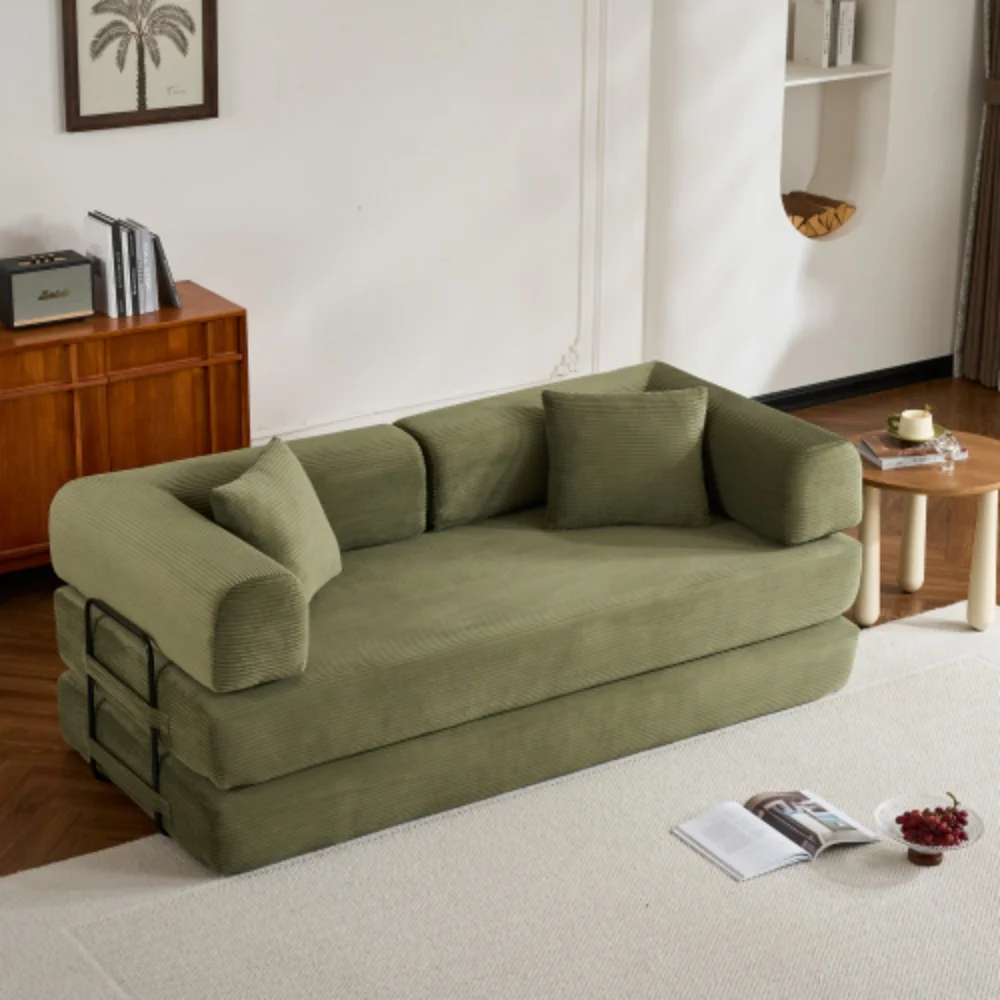 Convertible Sofa Bed Cylindrical Pillow Corduroy Folding Mattress Couch Fixed-Shape Frame Sofa Lounge Couch Living Room Bedroom