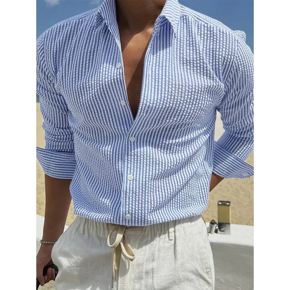 Vintage Striped Mens เสื้อลําลองแขนยาวเสื้อฤดูใบไม้ผลิฤดูร้อนชายหาด Buttoned Lapel Men Cardigans