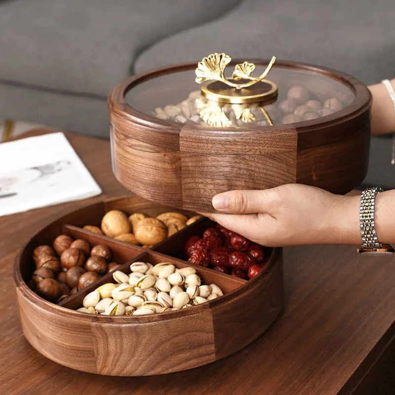 Double Layer Walnut Solid Wood Fruit Plate European Home Modern Dried Fruit Snack Dishes Gilt Ginkgo Biloba Rotate Wooden Plate