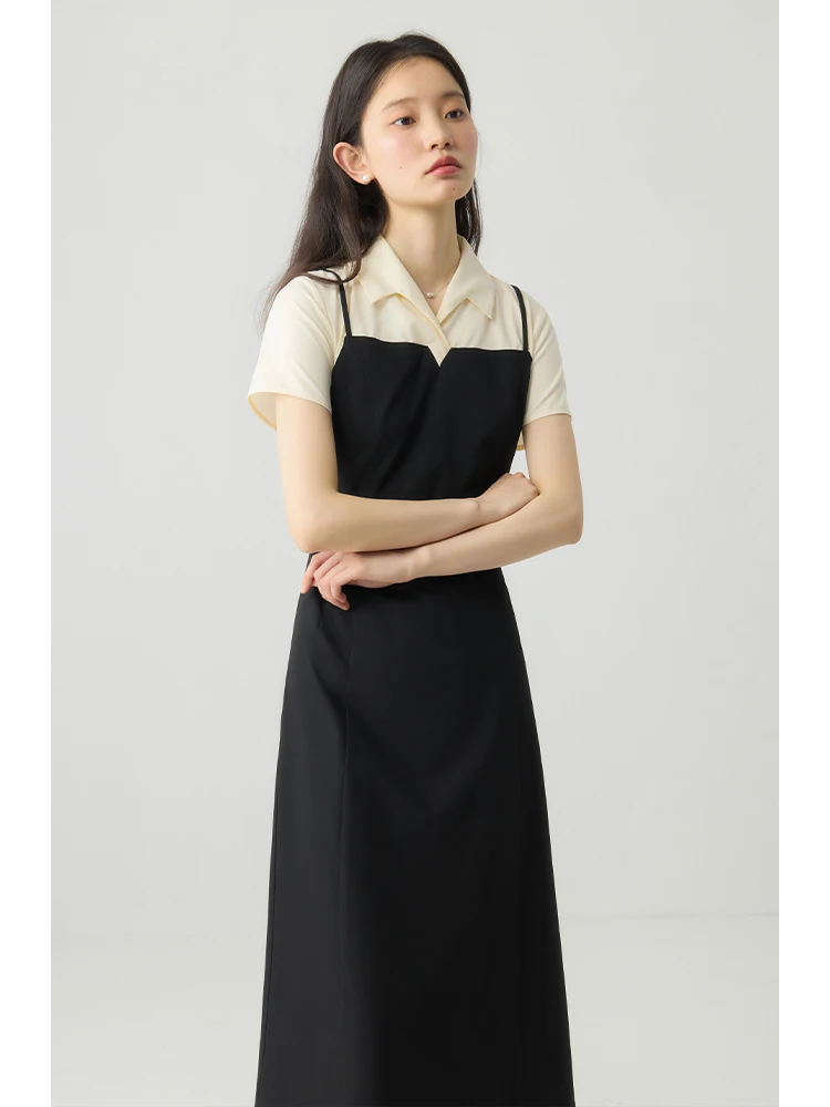 ZIQIAO Fake Two-pieces Contrast Color Stitching Polo Shirt Female Dress 2024 Summer New Versatile Casual Long Dress 24ZQ92252