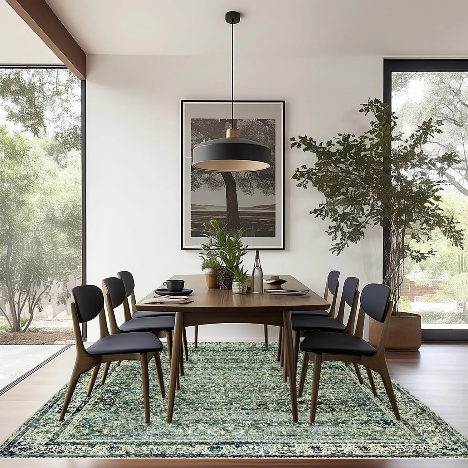 

Dark Emerald Green Area Rugs 8X10 for Living Room,Washable Faux Wool Moody Flora