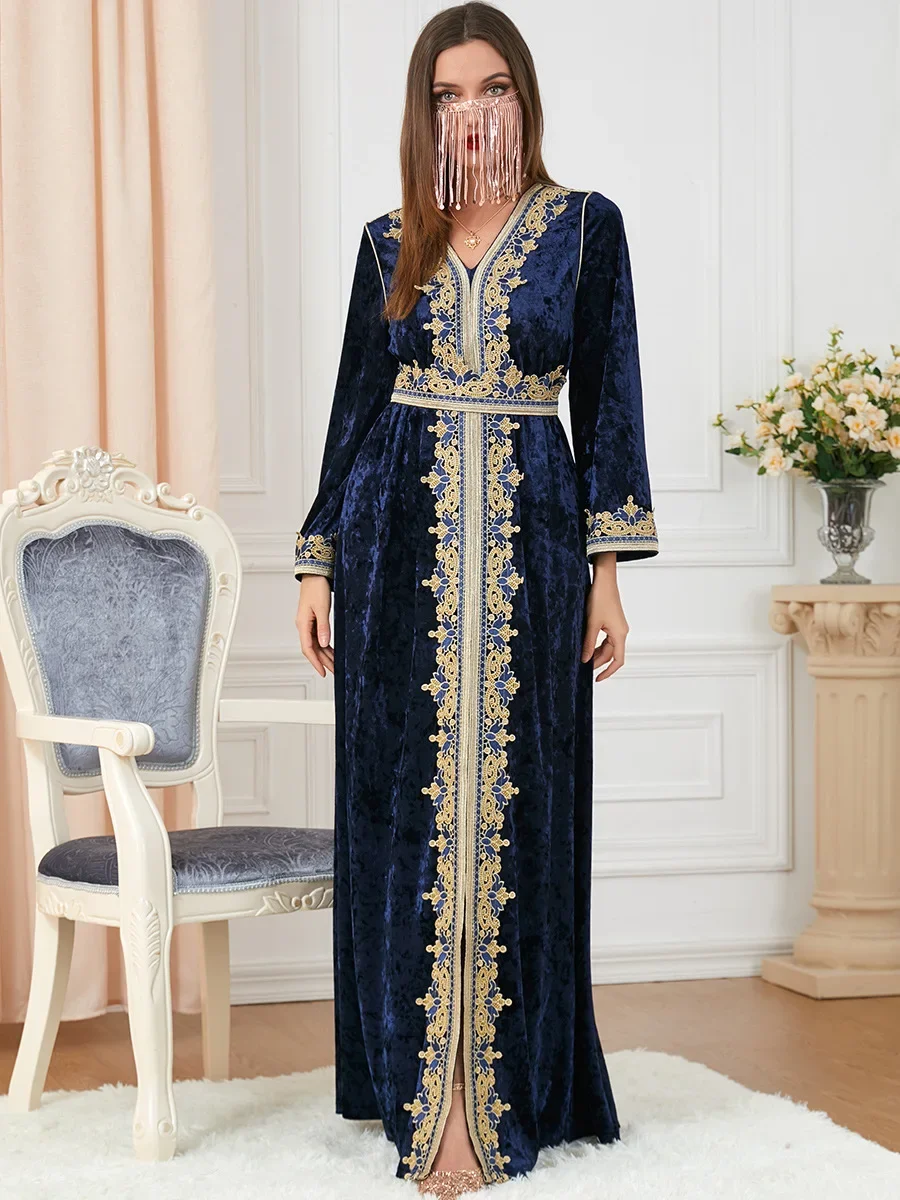 Otoño Invierno espesar vestido musulmán de terciopelo mujeres Abaya bordado Split Marruecos vestido de fiesta Kaftan Turquía árabe vestido largo