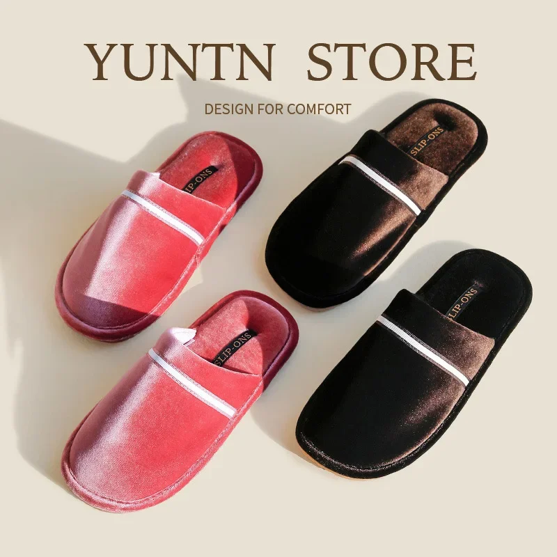 

Chinese Style Velvet Slippers for Women and Men Non Slip Sole Home Indoor Luxury Comfortable Simple All Season