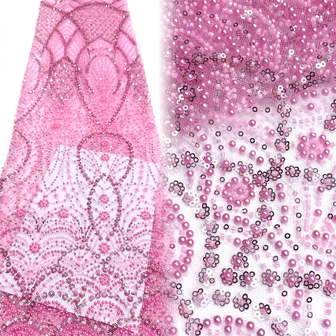

Baby Pink Beaded Lace Fabric Luxury Lace Fabric 2026 High Quality African Nigerian Lace for Women Wedding Party Dresses Sewing