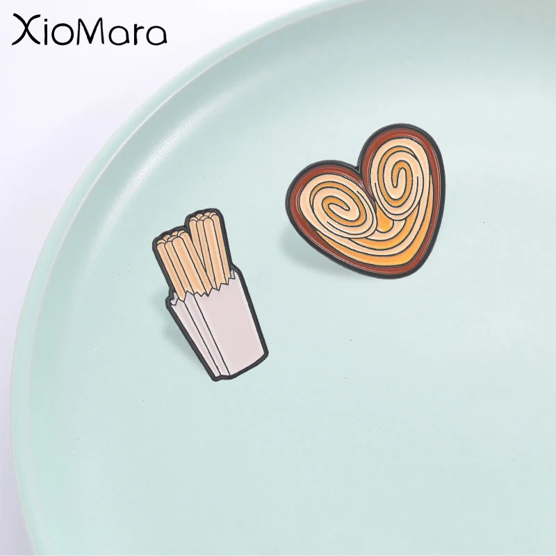 Funny Snack Enamel Pin, Churros and Heart-shaped Palm Pastry Badge, Fashion Accessory, Perfect Gift for Food Lovers