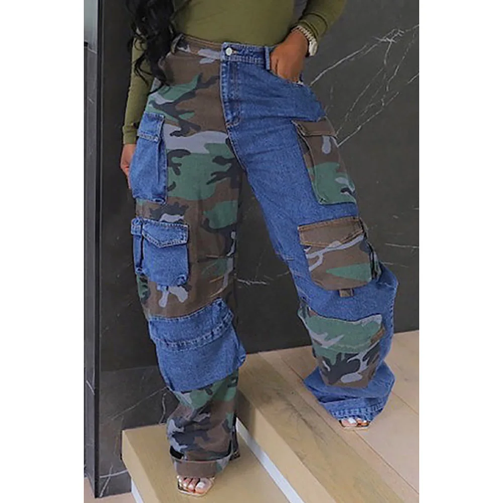 Flycurvy Plus Size Daily Multi-Pocket Jean Blue Patchwork Denim Camo Cargo Jean