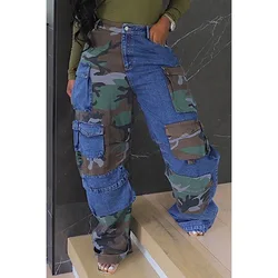 Flycurvy-Jean Azul Multi-Bolso, Jeans Camo Cargo Jean, Patchwork Diário, Plus Size