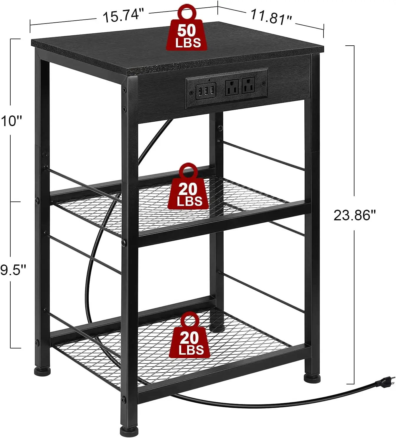 

Bedside Table 3-Tier Industrial Nightstand End Side Table w/ USB Ports&Outlets&Storage Shelves