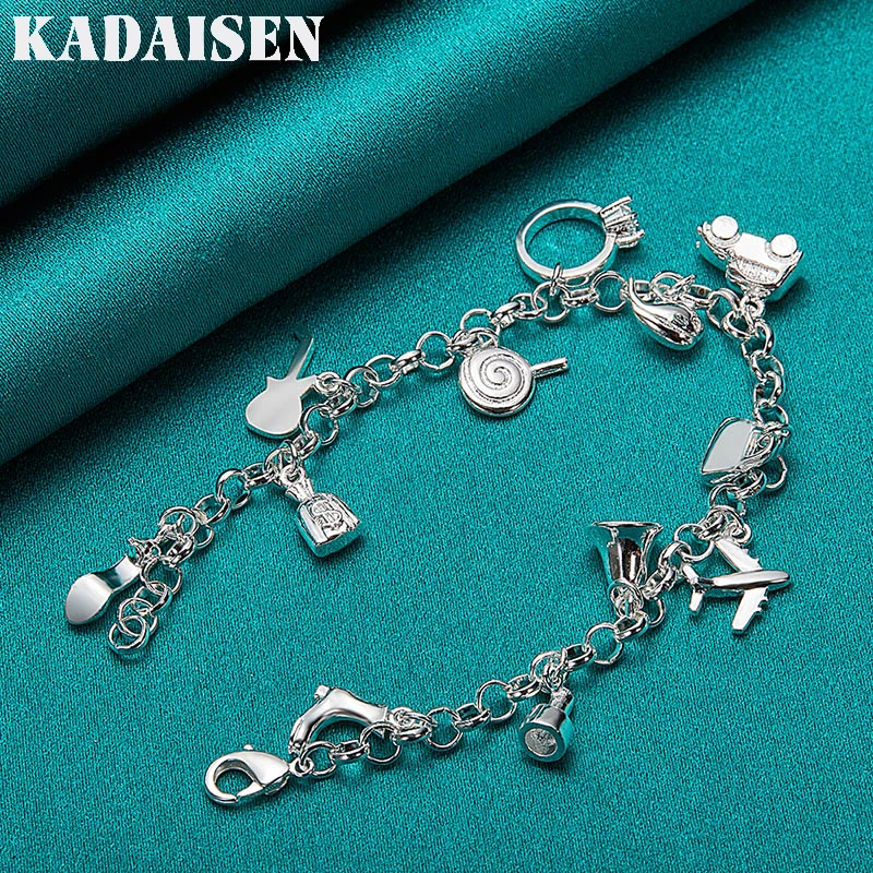 925 Sterling Silver Airplane Bell Car Fish Guitar Shoe Lock Ring Lollipop Chain Bracelet For Women Fashion Jewelry