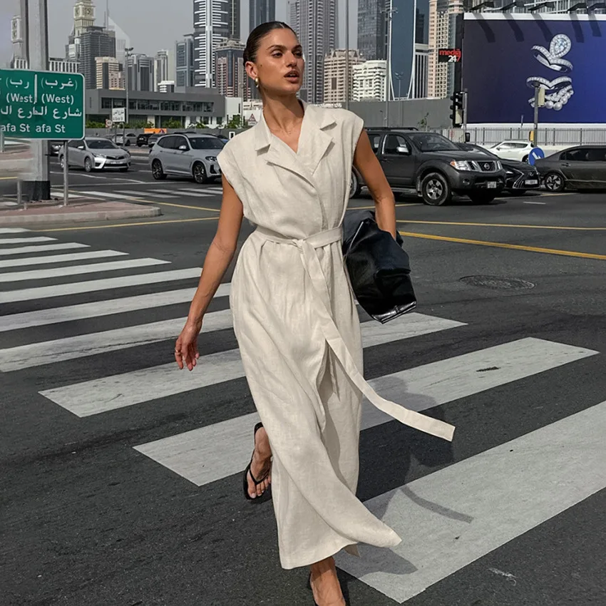 ชุดเดรสยาวผู้หญิงเสื้อชุด Vestidos แขนกุดเปิดลงปก Lace Up เอวแน่น Maxi ชุด 2025 ฤดูร้อน Office Lady A Line