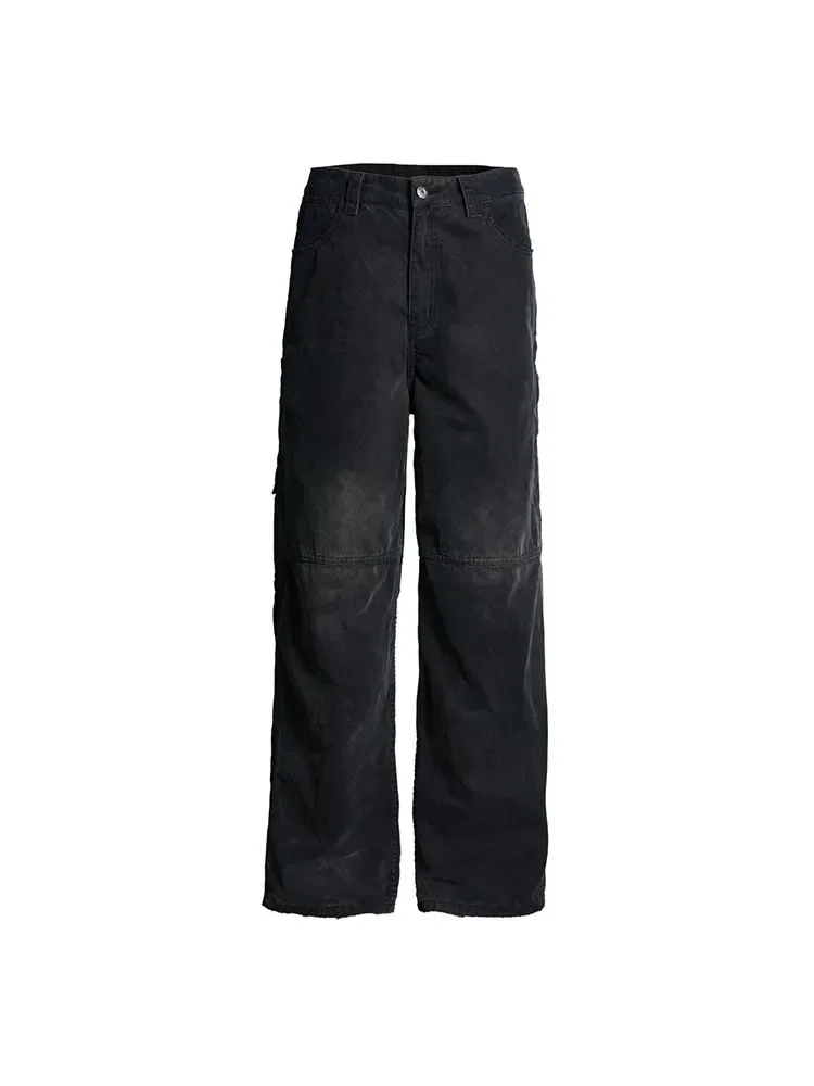 Calça jeans cargo preta lavada vintage de rua alta outono e inverno pesada para fazer calças casuais largas e viejas