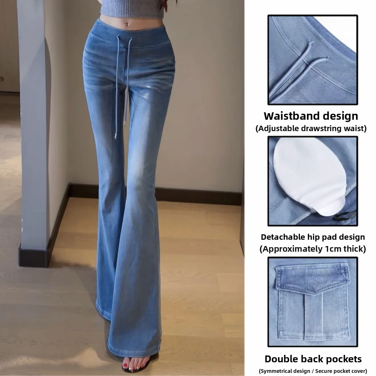Casual High Waist Bell Bottom Jeans Women's Summer Thin Cotton Polyester Blend Breathable Stretch Yoga Pants with Detachable ...