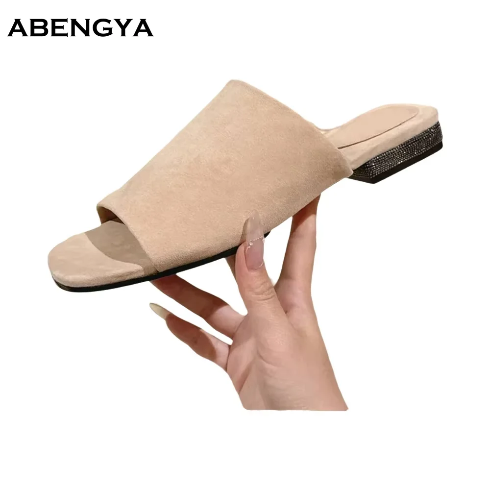 Designer New Suede Flat Slippers Women Square Toe Mules Dress Shoes Summer Casual Party Banquet Shoes For Women Half Slippers