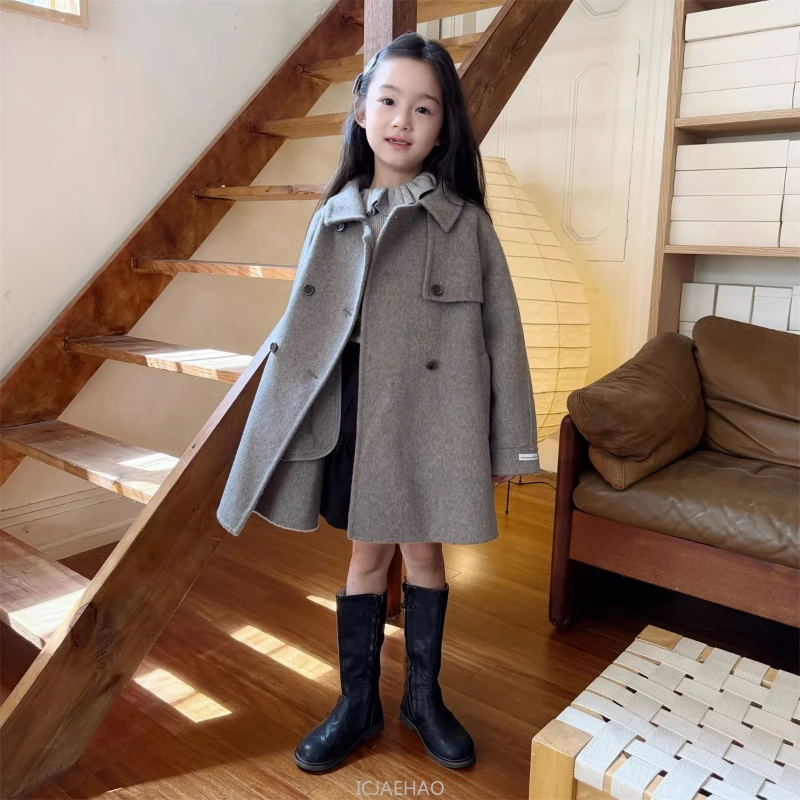 Teen Girl Clothes Children Vintage 100 Wool Double Faced Girls Coat French Style Heather Costume Matching Winter Gray  Handmade