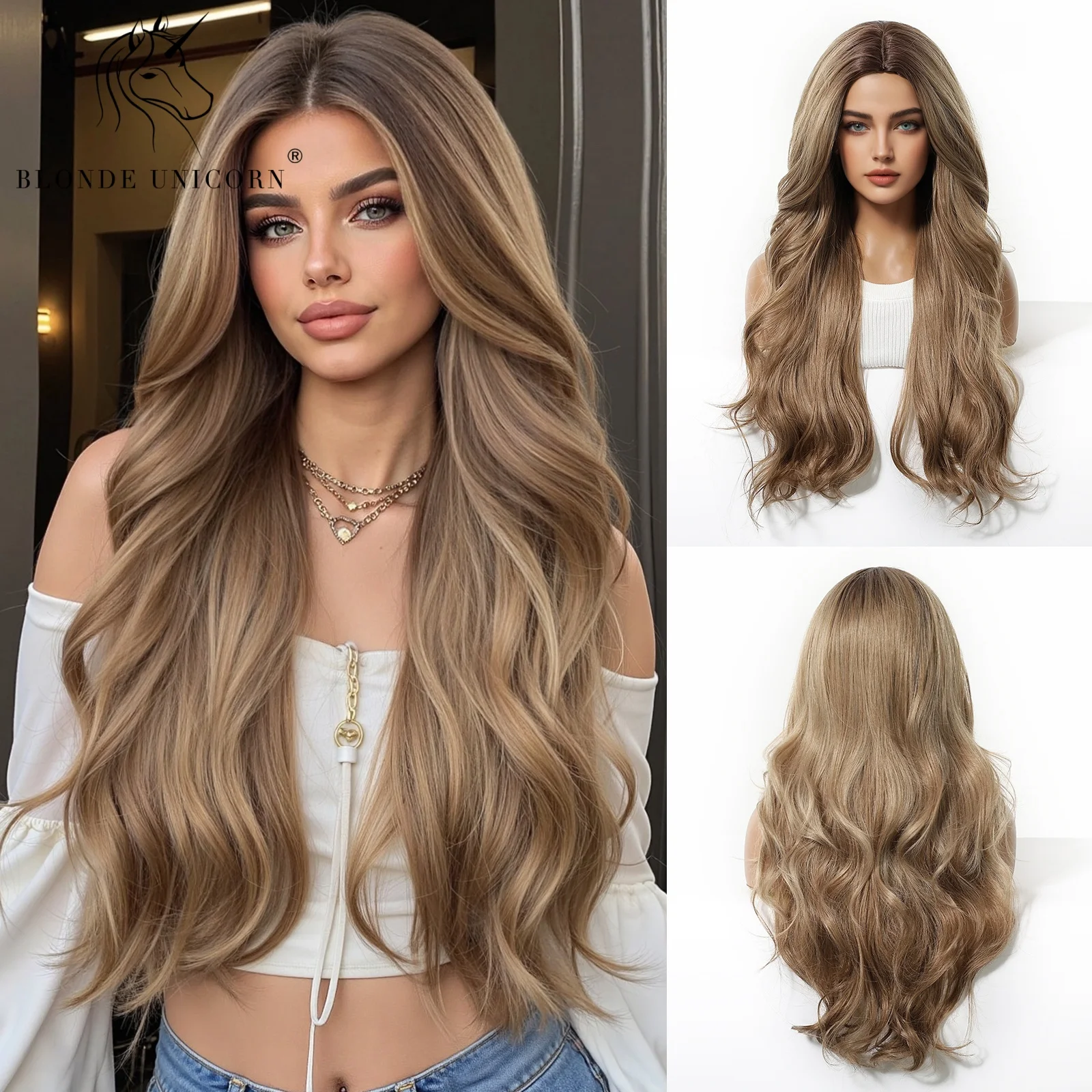 Golden Brown Ombre Middle Part Long Wavy Synthetic Wig for Women Heat Resistant Gradual Blend Hair for Daily and Party