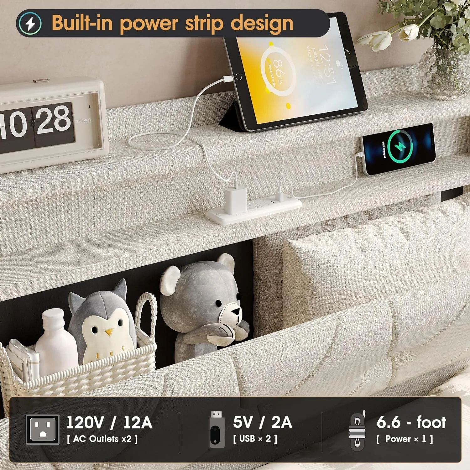 Twin Size Lift Up Bed Frame, Storage Headboard with Charging Station, LED Lights Upholstered Platform Bed, No Box Spring Needed image 4