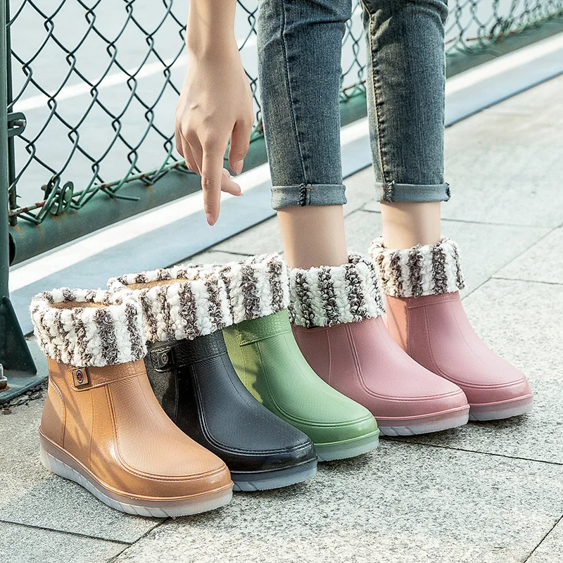 Classic stylish rainshoes women's ankle rain boots woman pink short booties warm winter thick wedged rubber shoes lady galoshes