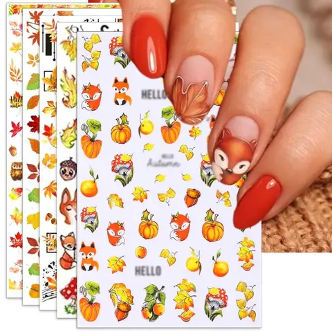 Naklejki na paznokcie z motywem jesiennych lisów, naklejki na paznokcie na Święto Dziękczynienia, samoprzylepne naklejki 3D z liśćmi klonu do samodzielnego zdobienia paznokci, idealne do dekoracji.