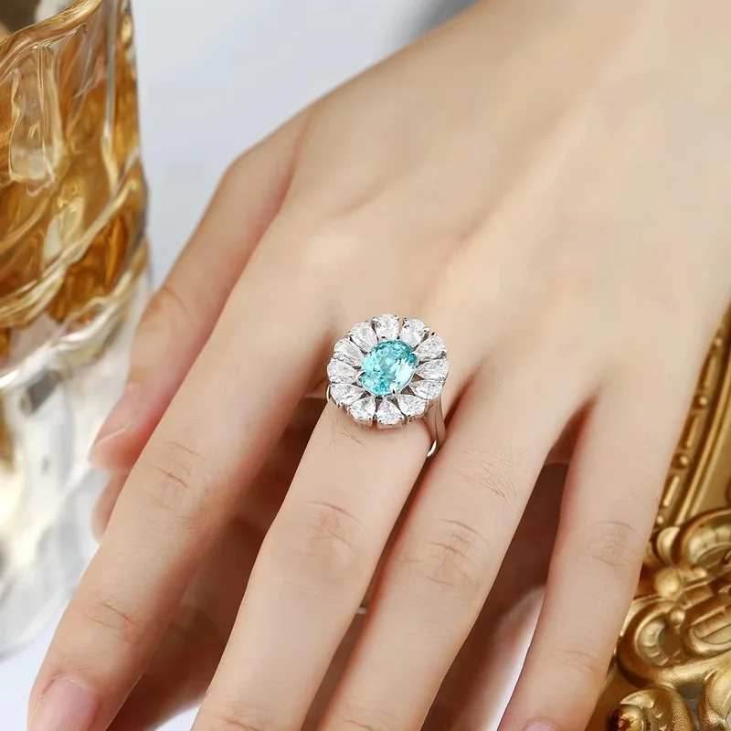 Lab Made Diamonds Oval Cut Paraiba Style Women Ring in S925 Sterling Silver Hypoallergenic Durable Fashion Jewelry