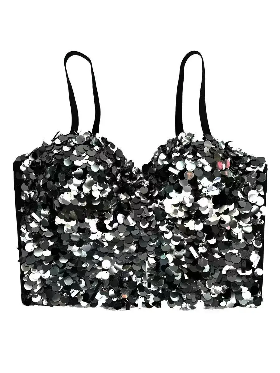 

French sequined glitter suspenders heavy sexy outer wear body shaping fishbone bra, high-end elegant fishbone bra