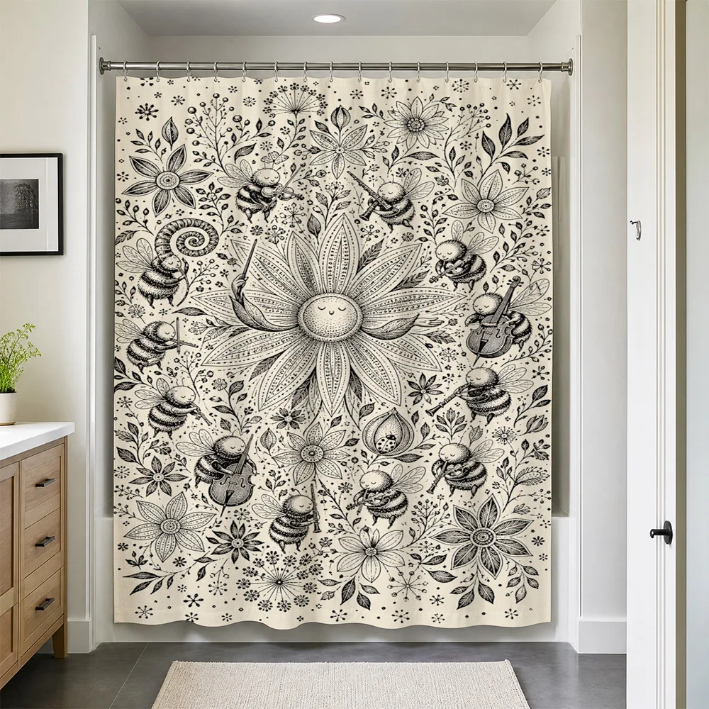Waterproof Botanical Shower Curtain Bee Floral Print Bathroom Decor Nature Style Bohemian Aesthetic Shower Curtain Panel