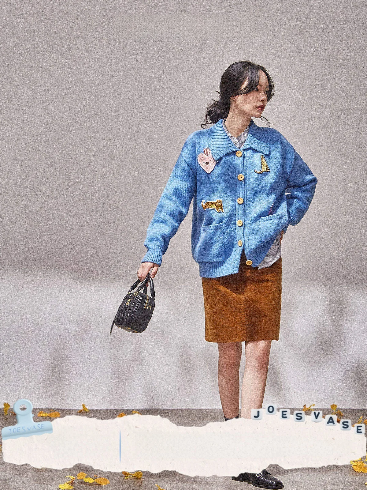 

Blue Sweater Women's Outerwear Commute Sle Retro Design Qi with Flower Vase Qing Lan Autumn New Arrival Warm Long Sve Top