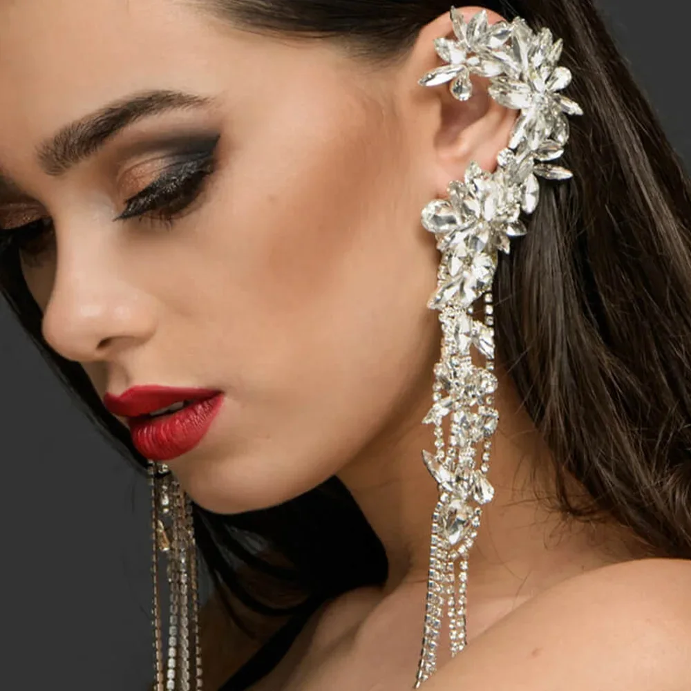 

Блестящие стразы с кисточками и геометрическими зажимами для ушей без пирсинга, ювелирные изделия, серьги для женщин, модные вечерние серьги-манжеты для невесты, аксессуары