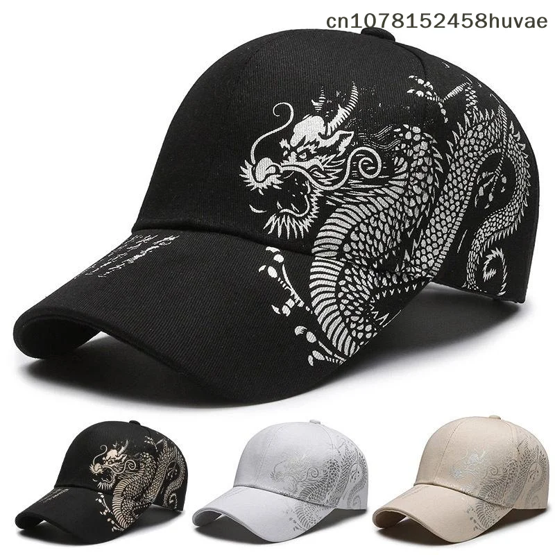 1 Pc Cotton Baseball Cap With Chinese Dragon Print Adjustable Strap Multiple Colors For Daily Wear Outdoor Sports Hiking
