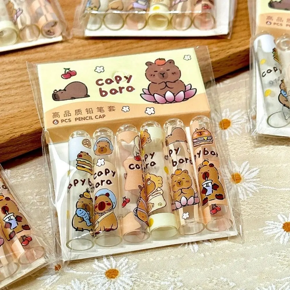 6PCS เครื่องเขียนน่ารัก Capybars ดินสอหมวกปลอดสารพิษ Kawaii ดินสอ Topper ครอบคลุมโปร่งใสการ์ตูนดินสอ Extender เด็ก