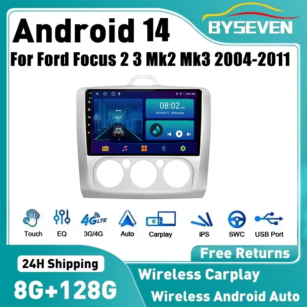 BySeven Wireless Carplay Android 14 Car Radio For Ford Focus 2 3 Mk2 Mk3 2004-2011 Car Multimedia Player GPS Navigation IPS DSP