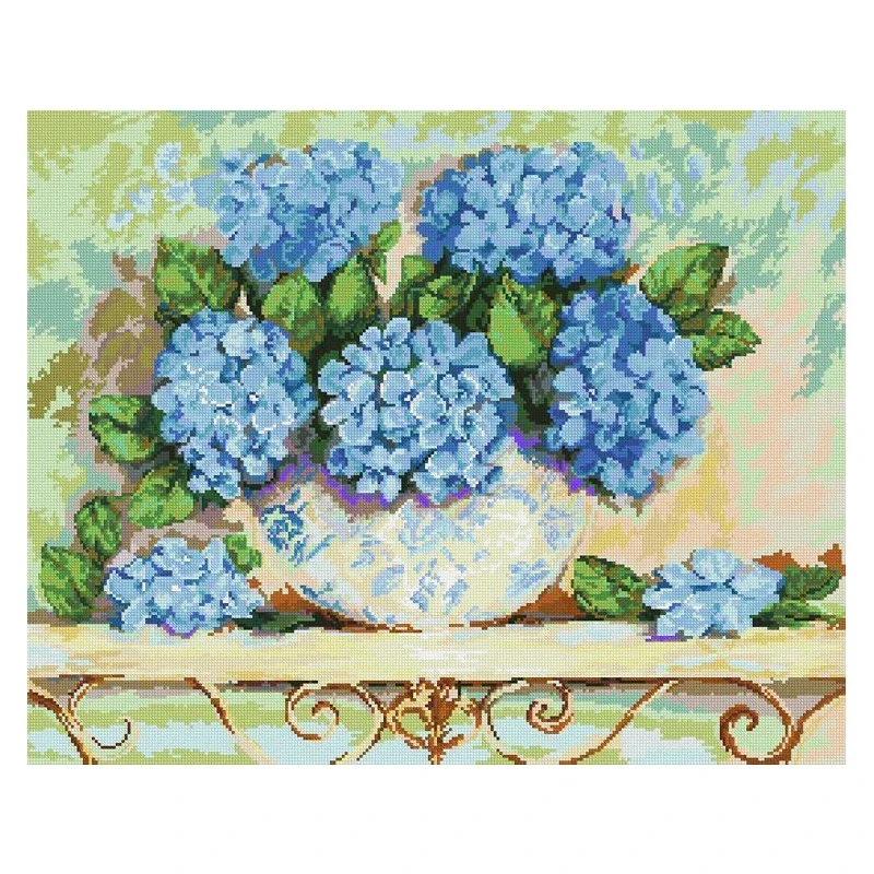 Amishop Counted Cross Stitch Kit Hydrangeas Blue Flwoers On Table Luca-S G573