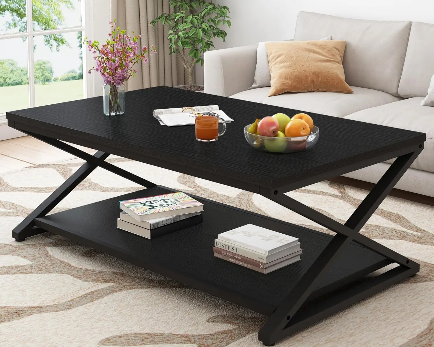 

Modern Black Coffee Table with Storage Shelf, 47 Inch Industrial Wood Metal Center Table for Living Room Office