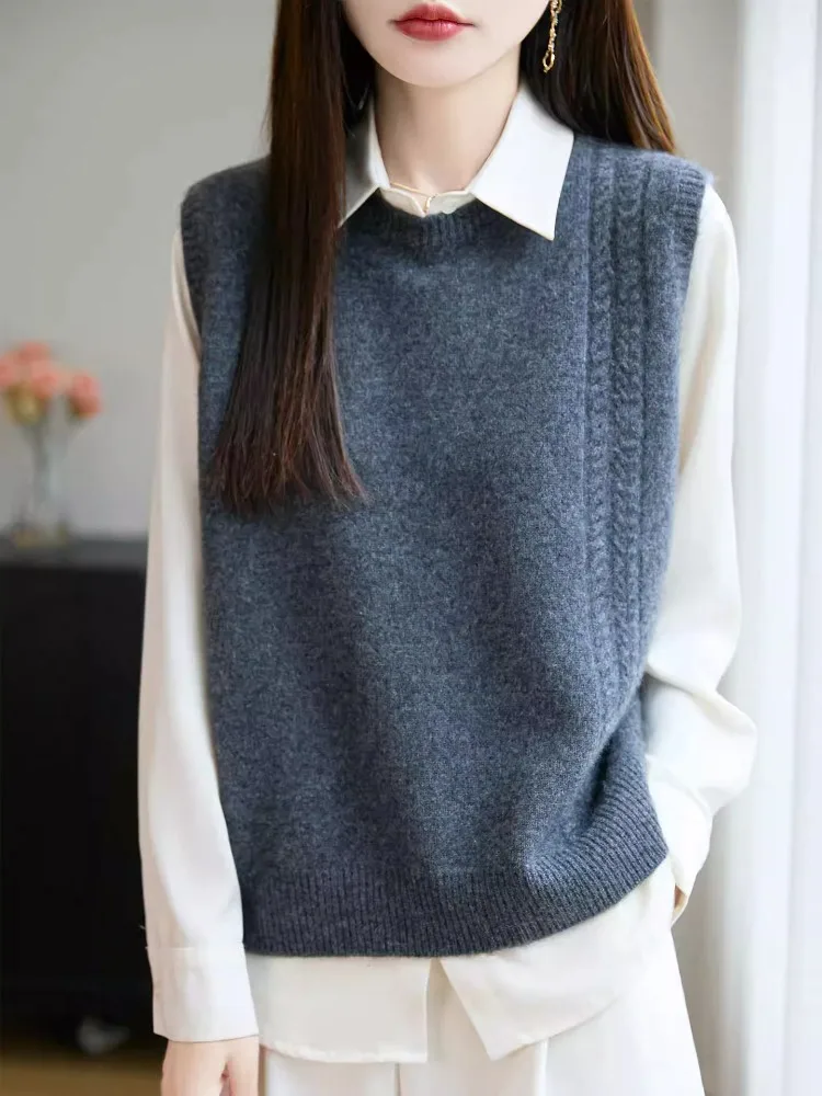 

Women's Knitted Pure Wool Vest Svel round Ne Warm Thiened Winter Outerwear Cardigan Base irt Commute Sle Loose Fit