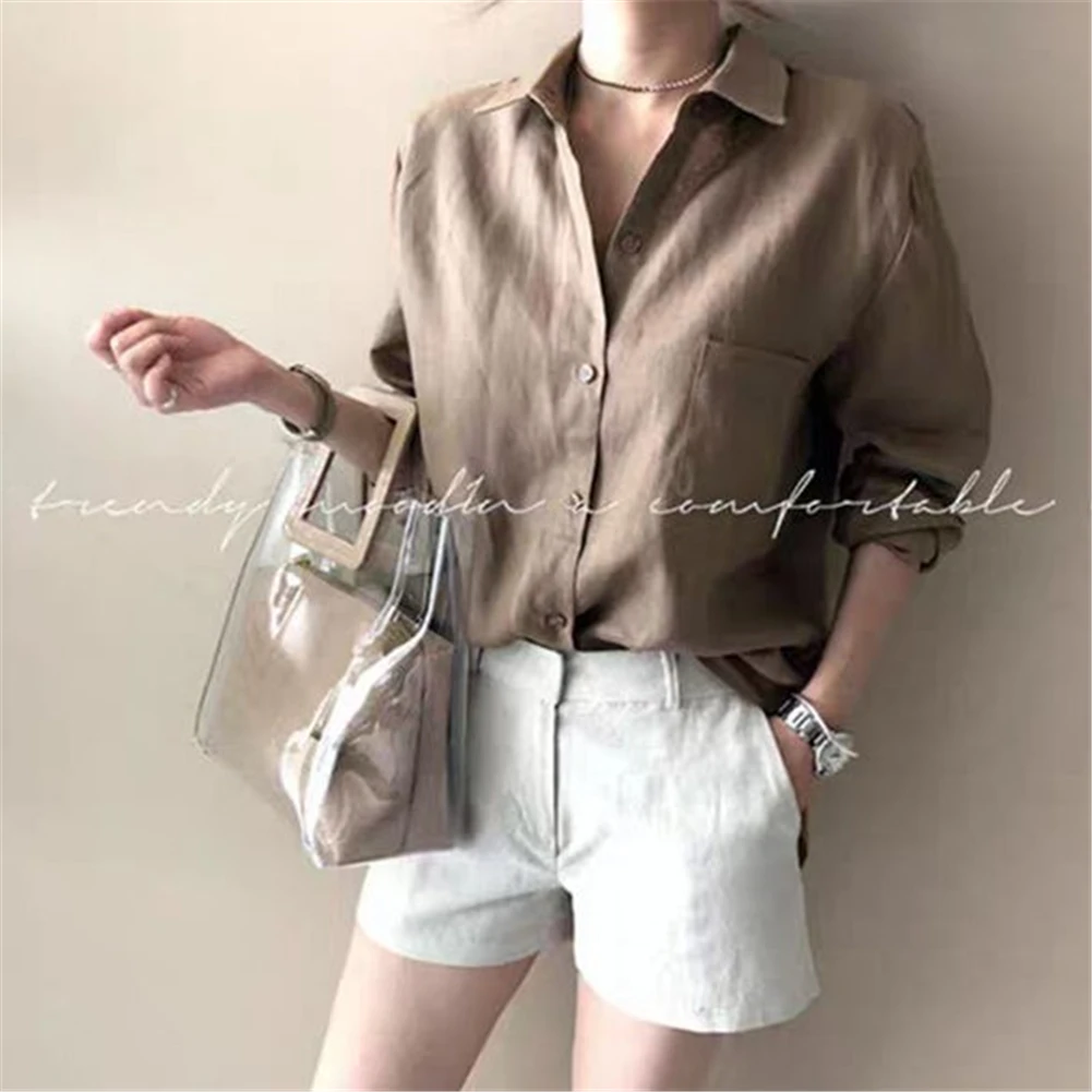 Women Shirt Cotton And Linen Lapel Long-sleeve Loose Solid Color All-match Shirt