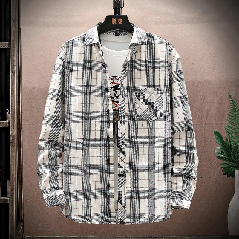 

2025 New Men's Casual Plaid Long Sve irt Thin Stand Fit Polyester Fiber Faion Urban Sle Youth Spring Autumn Jaet