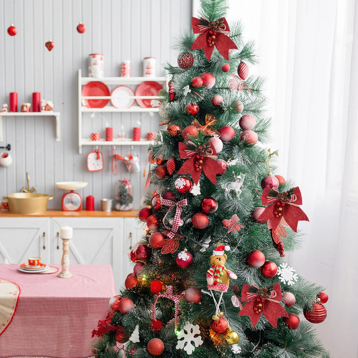 

4pcs Christmas Hanging Ornaments Decorative Bow For Holiday Party Decoration Shiny Pine Christmas Tree Decoration Bow Cone Xmas