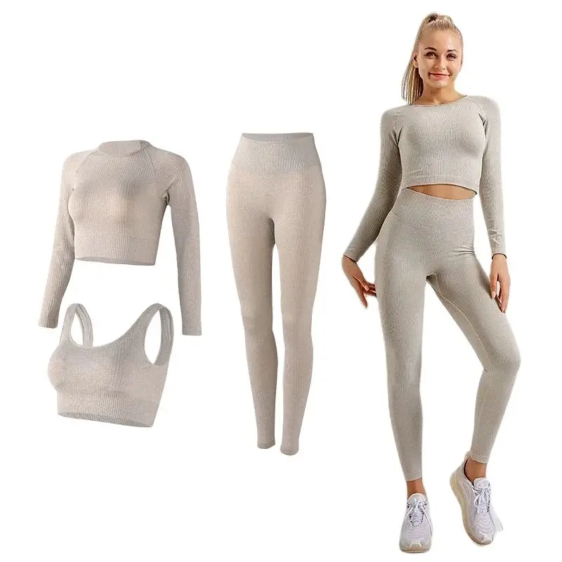 Women\'s Sportswear Yoga Set Workout Clothes Athletic Wear Sports Gym Legging Seamless Fitness Bra Crop Top Long Sleeve Yoga Suit