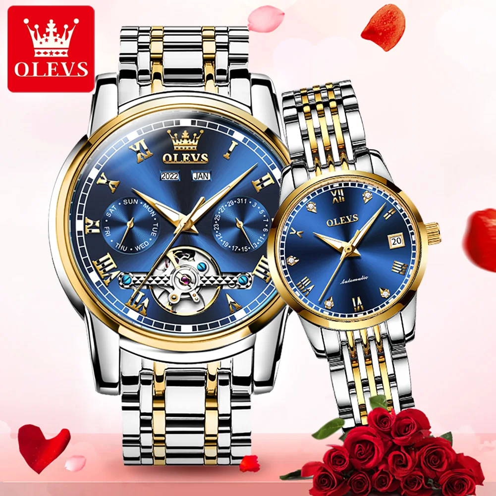 OLEVS-reloj mecánico de acero inoxidable para hombre y mujer, cronógrafo Original, automático, luminoso, resistente al agua, para pareja