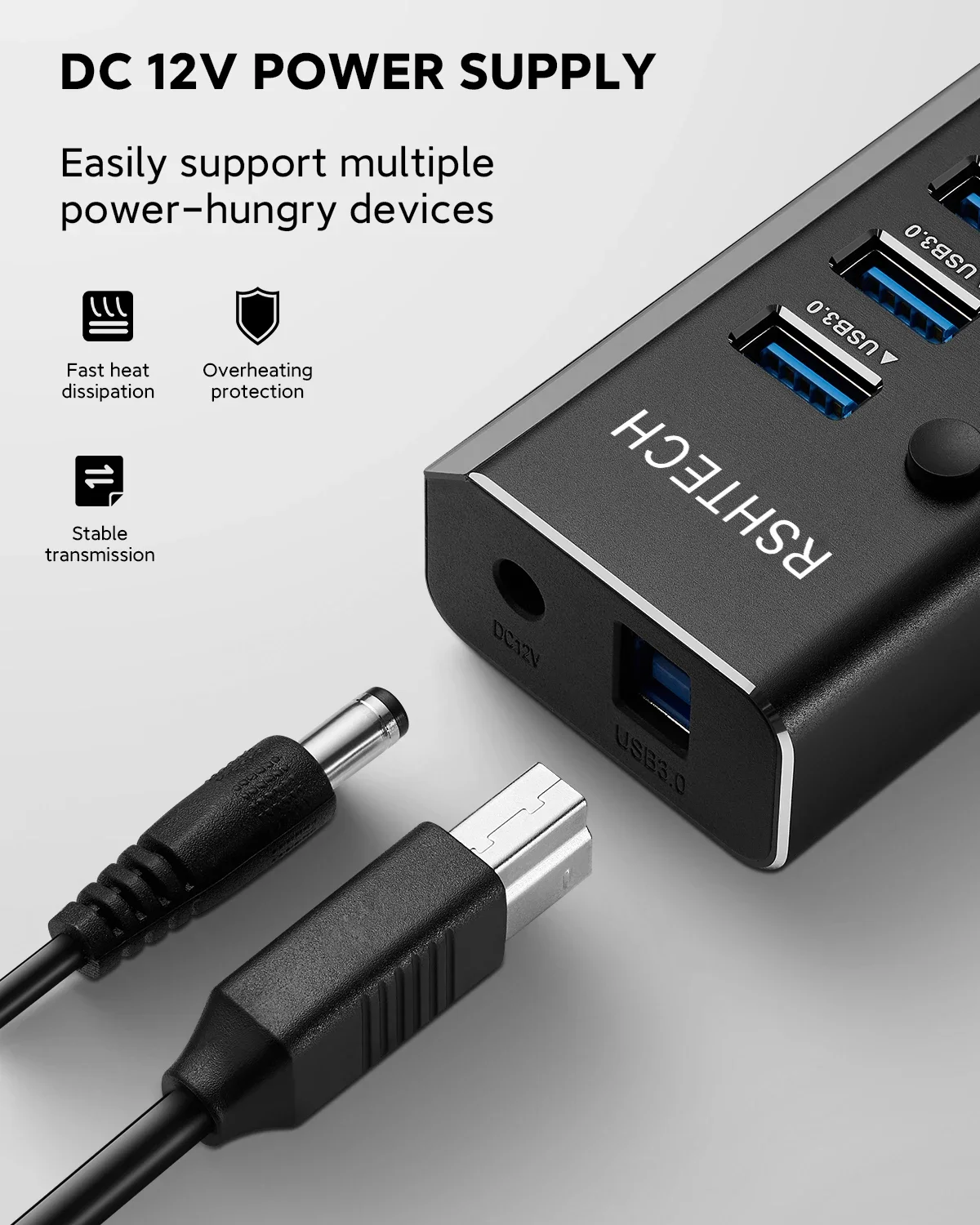 Imagem -05 - Rshtech-usb Hub com Adaptador de Energia 5gbps Portas Divisor de Dados Usb 3.0 12v 2a Interruptores Individuais Ligados e Desligados Expansor de Porta