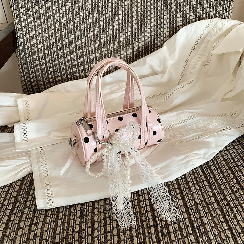 2026 New Mini Polka Dot Cylinder Handbag Women Lace Bow Small Crossbody Bag Removable Strap Cute Daily Shoulder Purse for Girls