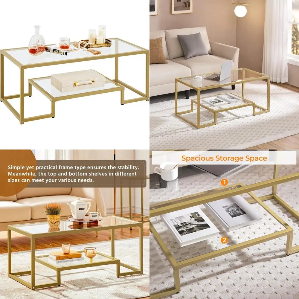 Rectangular Glass Coffee Table 42 for Living Room - 2-Tier Metal Frame Center Tea Table with Modern Design