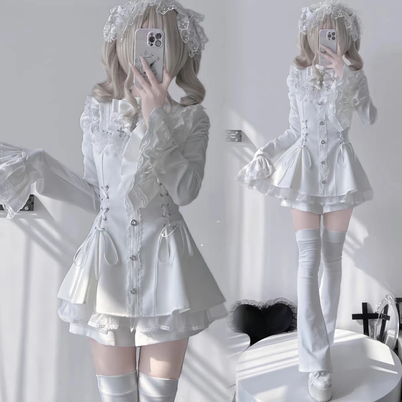 Conjunto de Vestido y Shorts Estilo Lolita Y2k con Moño, Camisa de Manga Abombada con Encaje y Botones, Vestido Gótico Japonés para Mujer, Mini Vestido Punk para Fiesta 3
