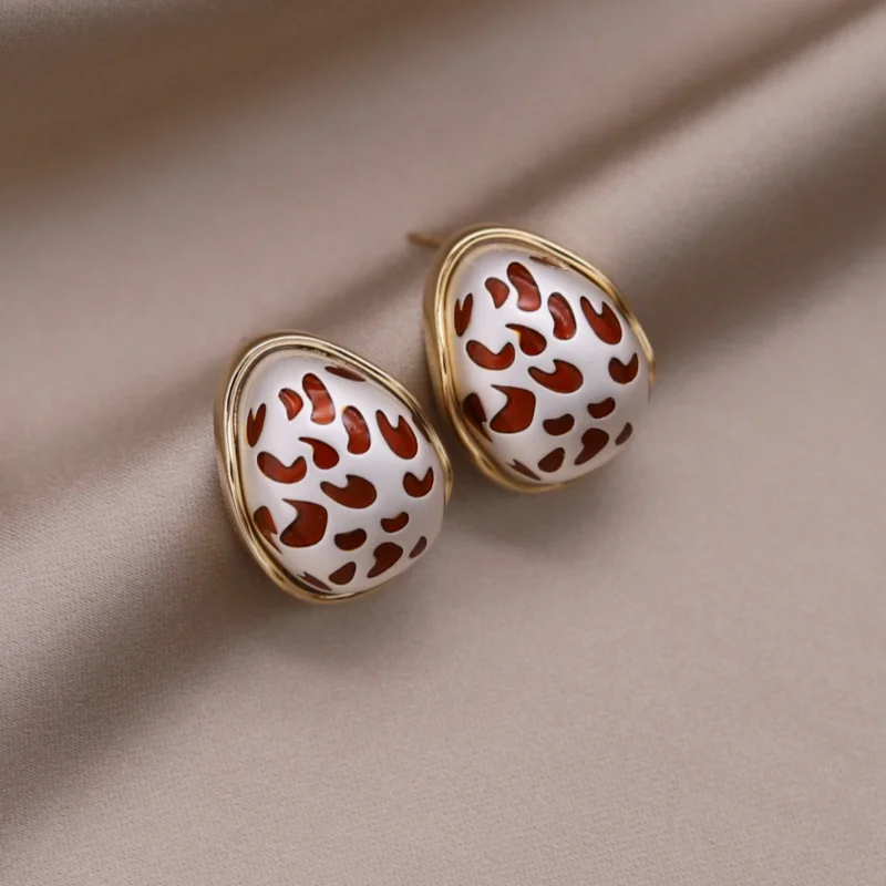 Korean new fashion jewelry two-color gold plated metal water droplet leopard print earrings elegant women's daily accessories