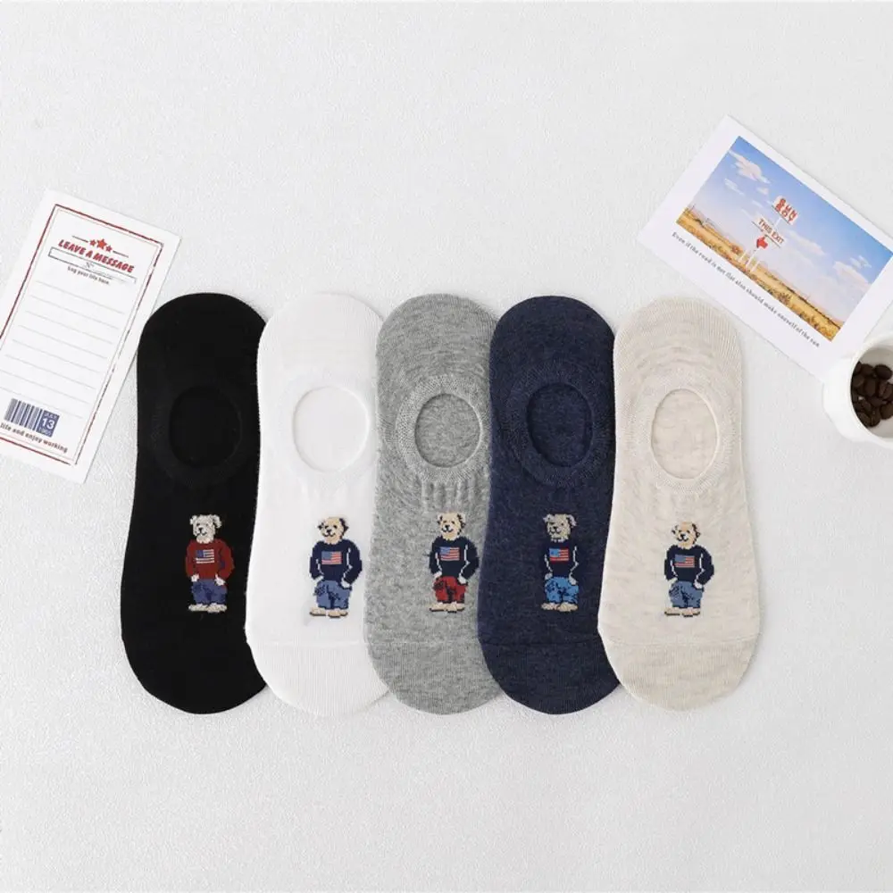 Fashion Men\'s Boat Socks Cartoon Bear Summer Autumn Non-slip Invisible Silicone Cotton Ankle Slippers Socks Retro