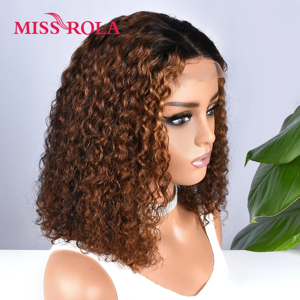 Miss Rola-Brazilian Remy Curly Bob Perucas, Onda de Água, Destaque Cabelo Humano, Destaque Cor, Pré Arrancadas, 4*4 Lace Closure, 27, 3, 4