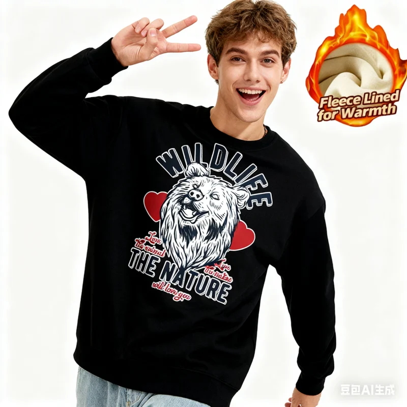 بلوزة بأكمام طويلة ورقبة دائرية من سلسلة طباعة على الطراز الكوري، 100% قطن مع بطانة من الصوف للدفء الإضافي، كاجوال ودافئ #3