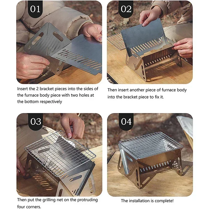 Portable Folding Barbecue Grill Heating Stoves Multifunction Camping BBQ Grill Rack Net Firewood Stove Stainless Steel BBQ Grill view 5